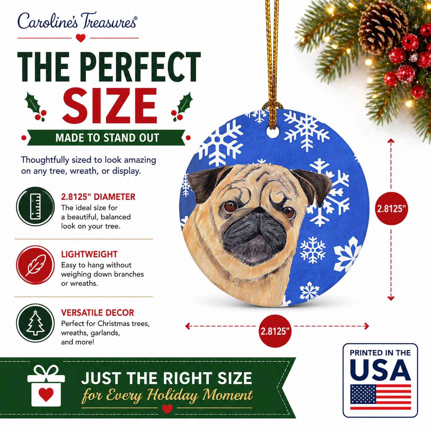 Pug Winter Snowflakes Holiday Ceramic Ornament Christmas Tree Hanging Decorations for Home Christmas Holiday, Party, Gift, 3 in, Multicolor