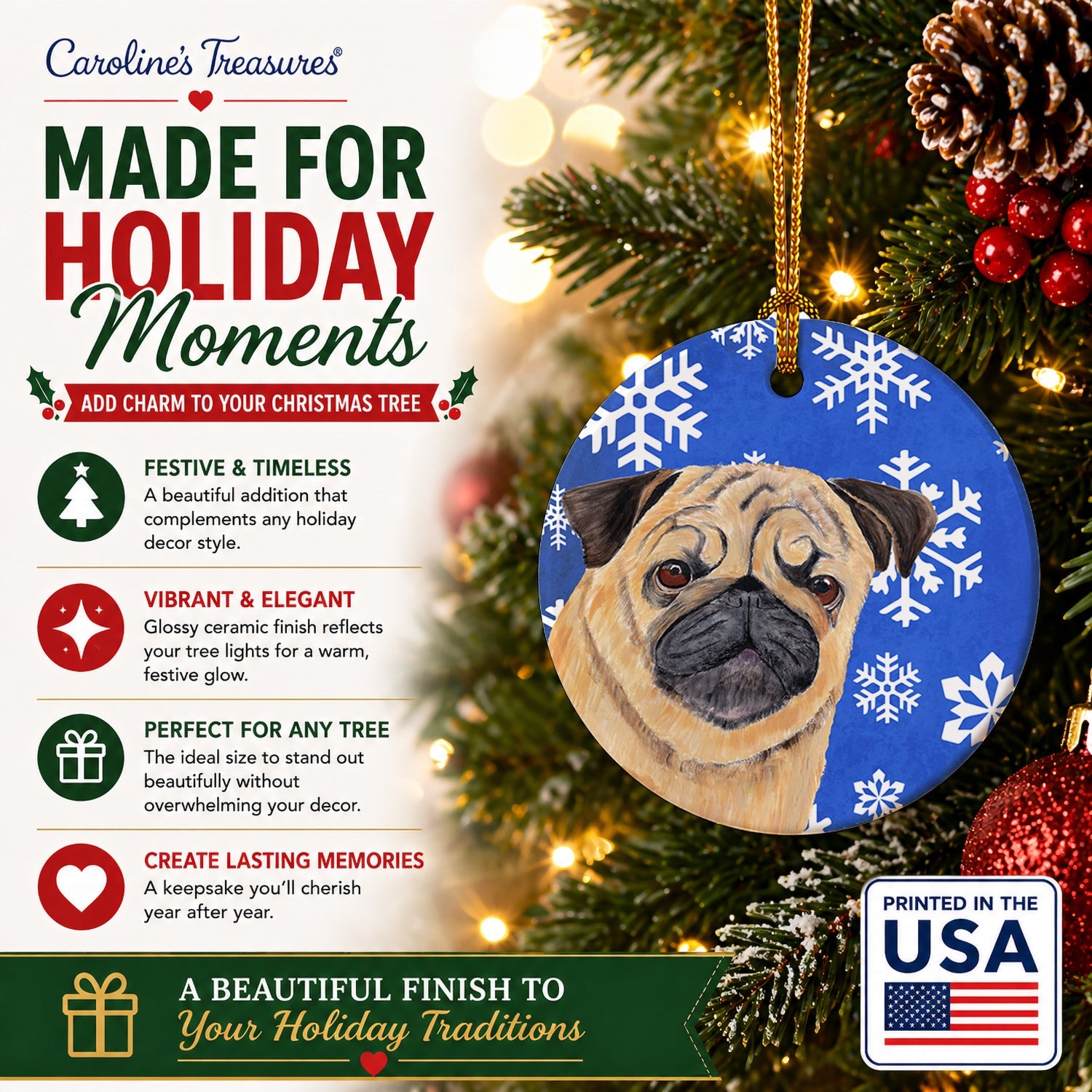 Pug Winter Snowflakes Holiday Ceramic Ornament Christmas Tree Hanging Decorations for Home Christmas Holiday, Party, Gift, 3 in, Multicolor