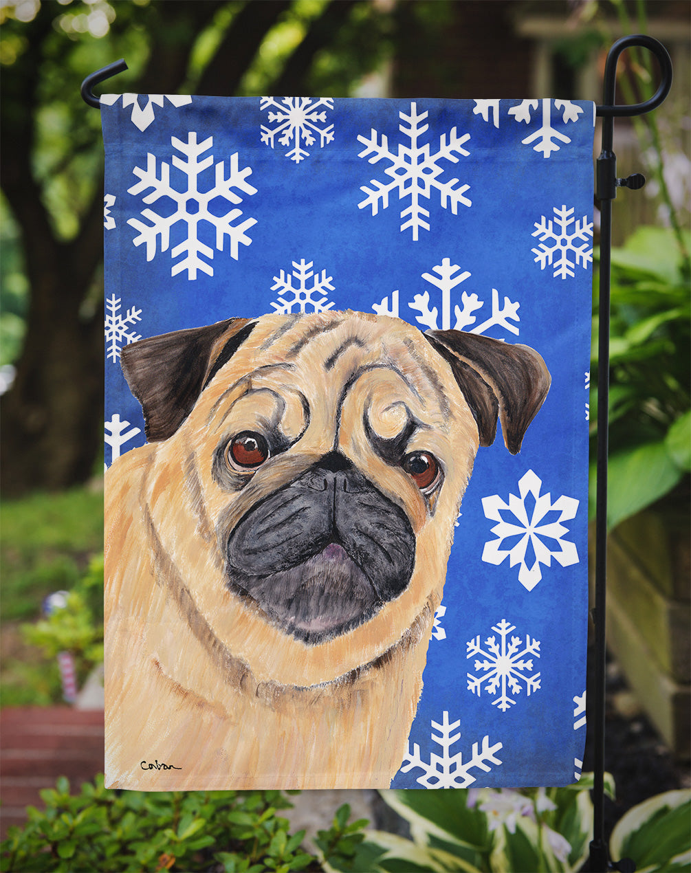 Pug Winter Snowflakes Holiday Garden Flag Mailbox Decorative Yard Banner Outside Patio Artwork for Flower Beds, Garden Size, Multicolor