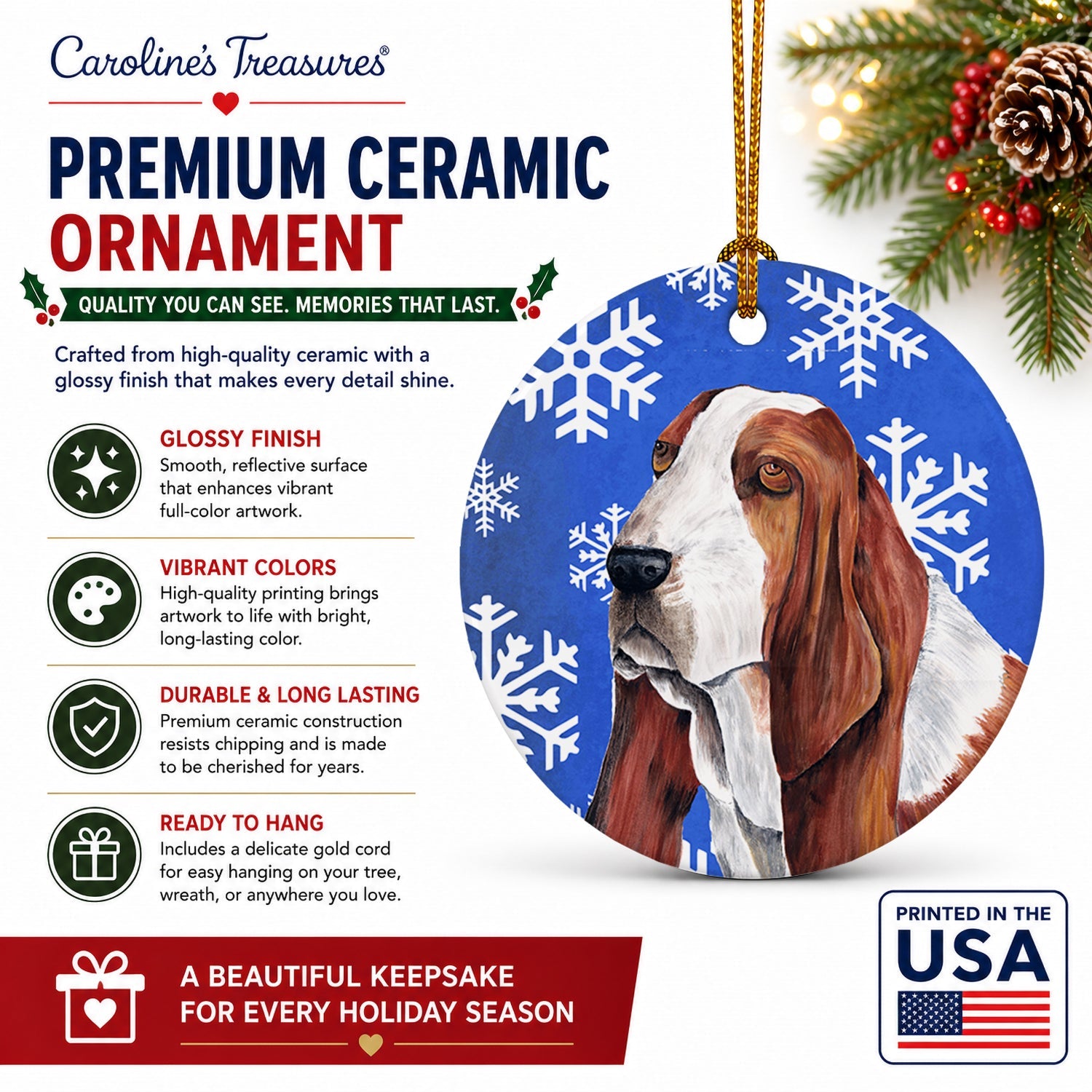 Basset Hound Winter Snowflakes Holiday Ceramic Ornament Christmas Tree Hanging Decorations for Home Christmas Holiday, Party, Gift, 3 in, Multicolor