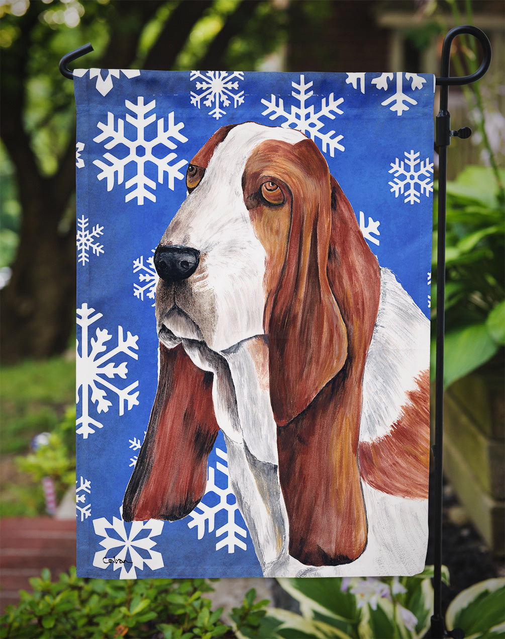 Basset Hound Winter Snowflakes Holiday Garden Flag Mailbox Decorative Yard Banner Outside Patio Artwork for Flower Beds, Garden Size, Multicolor