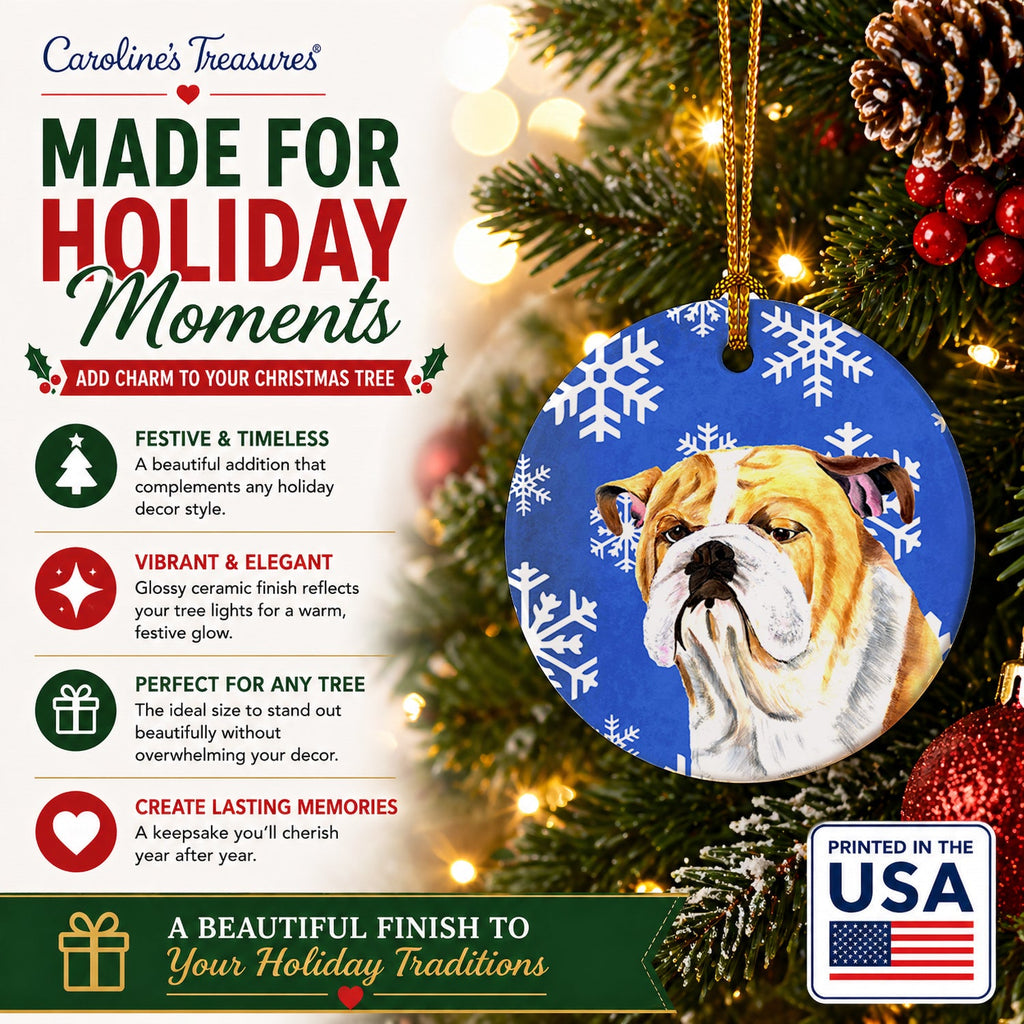 Bulldog English Winter Snowflakes Holiday Ceramic Ornament Christmas Tree Hanging Decorations for Home Christmas Holiday, Party, Gift, 3 in, Multicolor