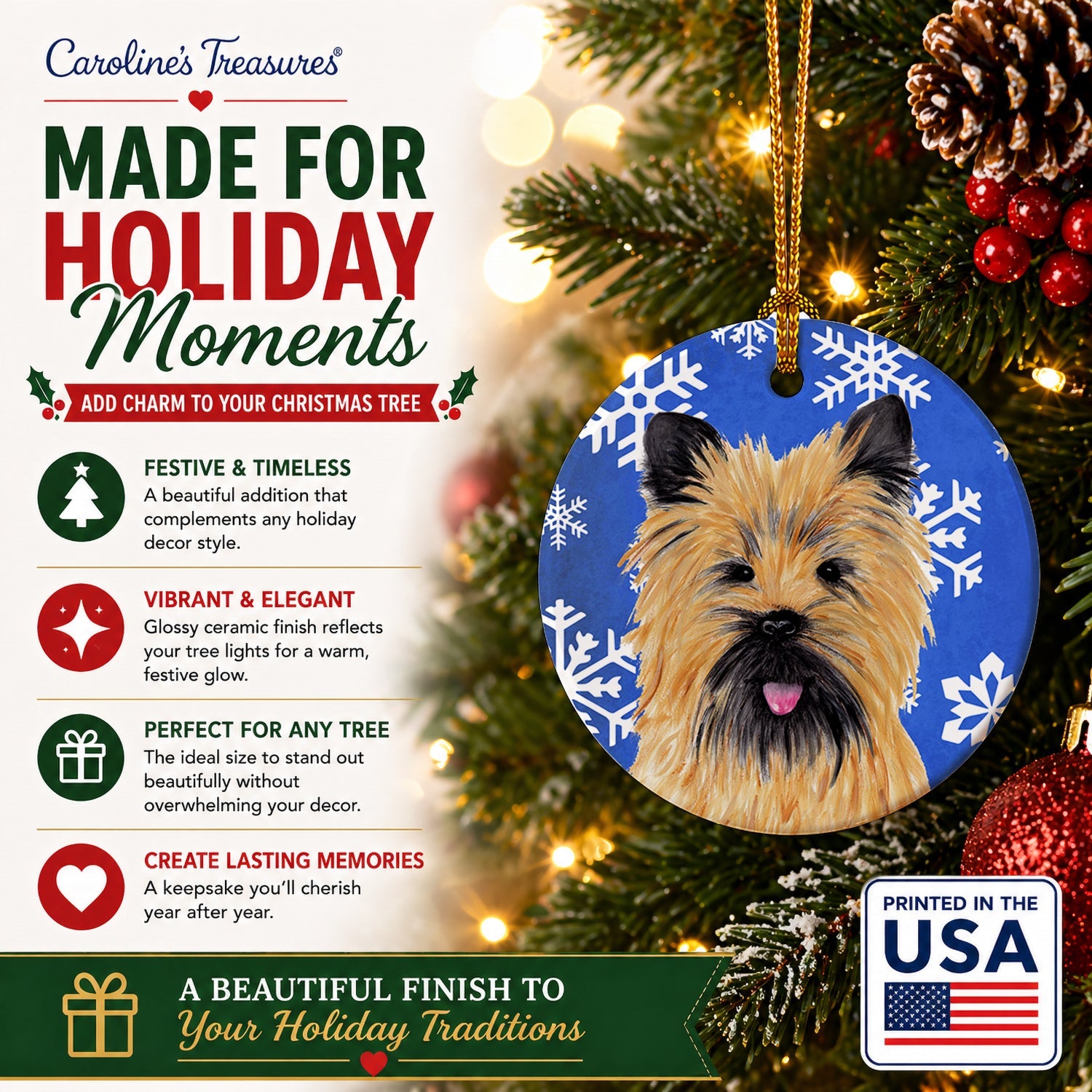 Cairn Terrier Winter Snowflakes Holiday Ceramic Ornament Christmas Tree Hanging Decorations for Home Christmas Holiday, Party, Gift, 3 in, Multicolor