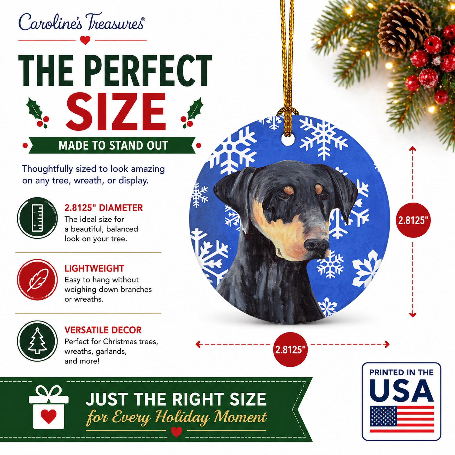 Doberman Winter Snowflakes Holiday Ceramic Ornament Christmas Tree Hanging Decorations for Home Christmas Holiday, Party, Gift, 3 in, Multicolor