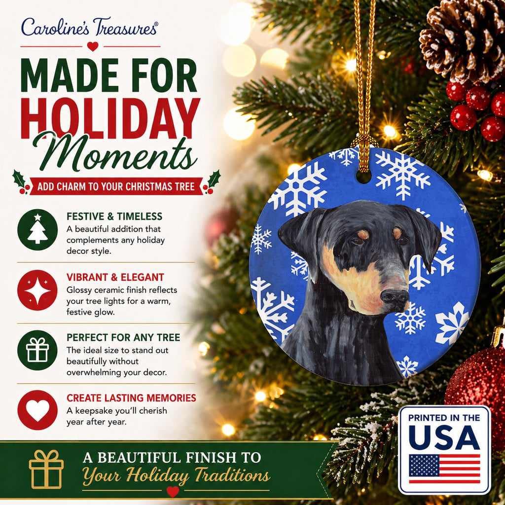Doberman Winter Snowflakes Holiday Ceramic Ornament Christmas Tree Hanging Decorations for Home Christmas Holiday, Party, Gift, 3 in, Multicolor
