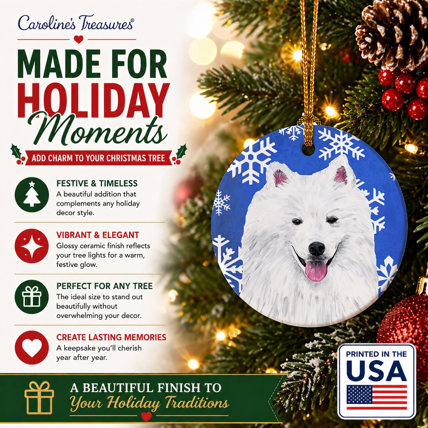 American Eskimo Winter Snowflakes Holiday Ceramic Ornament Christmas Tree Hanging Decorations for Home Christmas Holiday, Party, Gift, 3 in, Multicolor