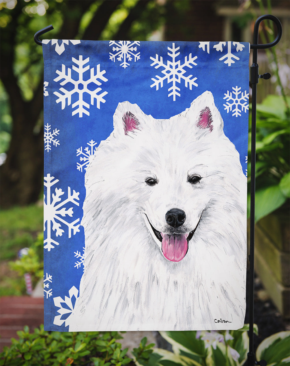American Eskimo Winter Snowflakes Holiday Garden Flag Mailbox Decorative Yard Banner Outside Patio Artwork for Flower Beds, Garden Size, Multicolor
