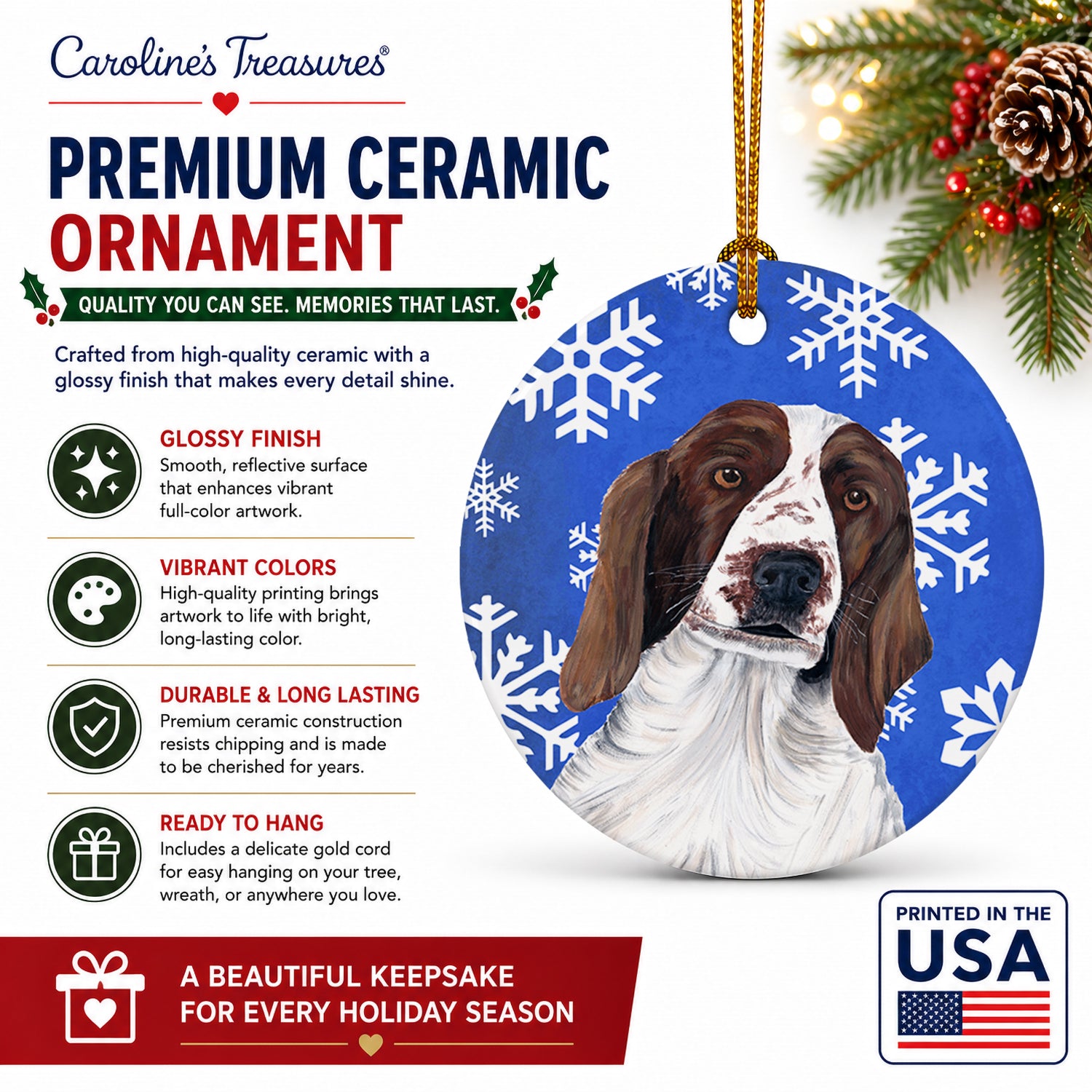 Welsh Springer Spaniel Winter Snowflakes Holiday Ceramic Ornament Christmas Tree Hanging Decorations for Home Christmas Holiday, Party, Gift, 3 in, Multicolor