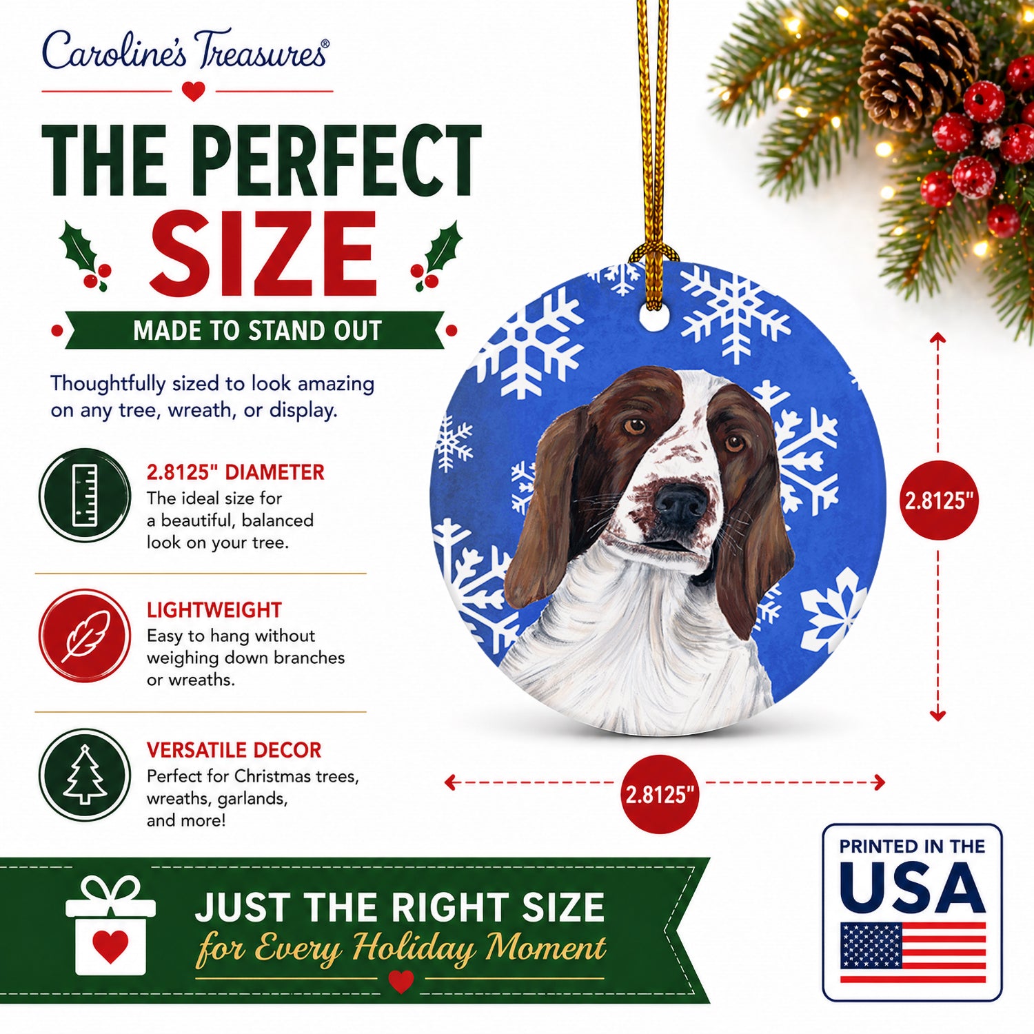 Welsh Springer Spaniel Winter Snowflakes Holiday Ceramic Ornament Christmas Tree Hanging Decorations for Home Christmas Holiday, Party, Gift, 3 in, Multicolor