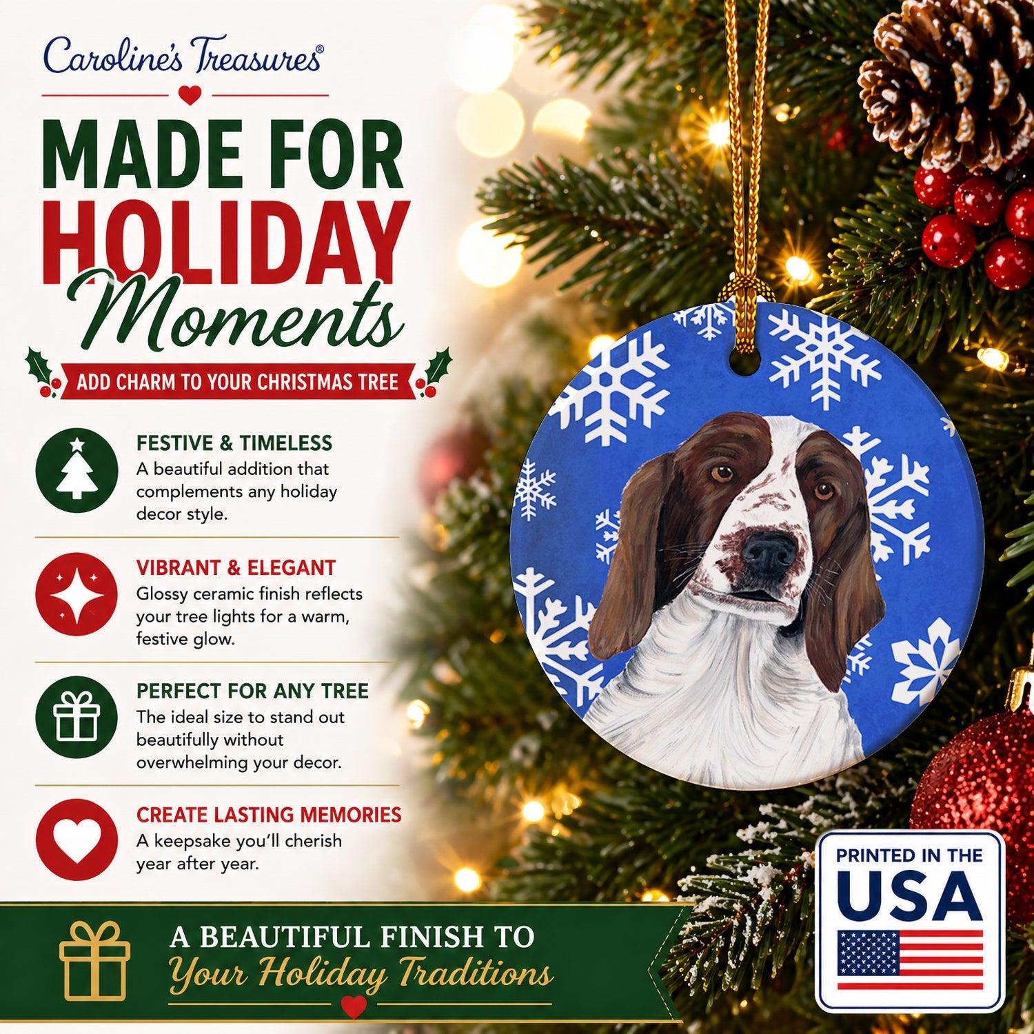 Welsh Springer Spaniel Winter Snowflakes Holiday Ceramic Ornament Christmas Tree Hanging Decorations for Home Christmas Holiday, Party, Gift, 3 in, Multicolor