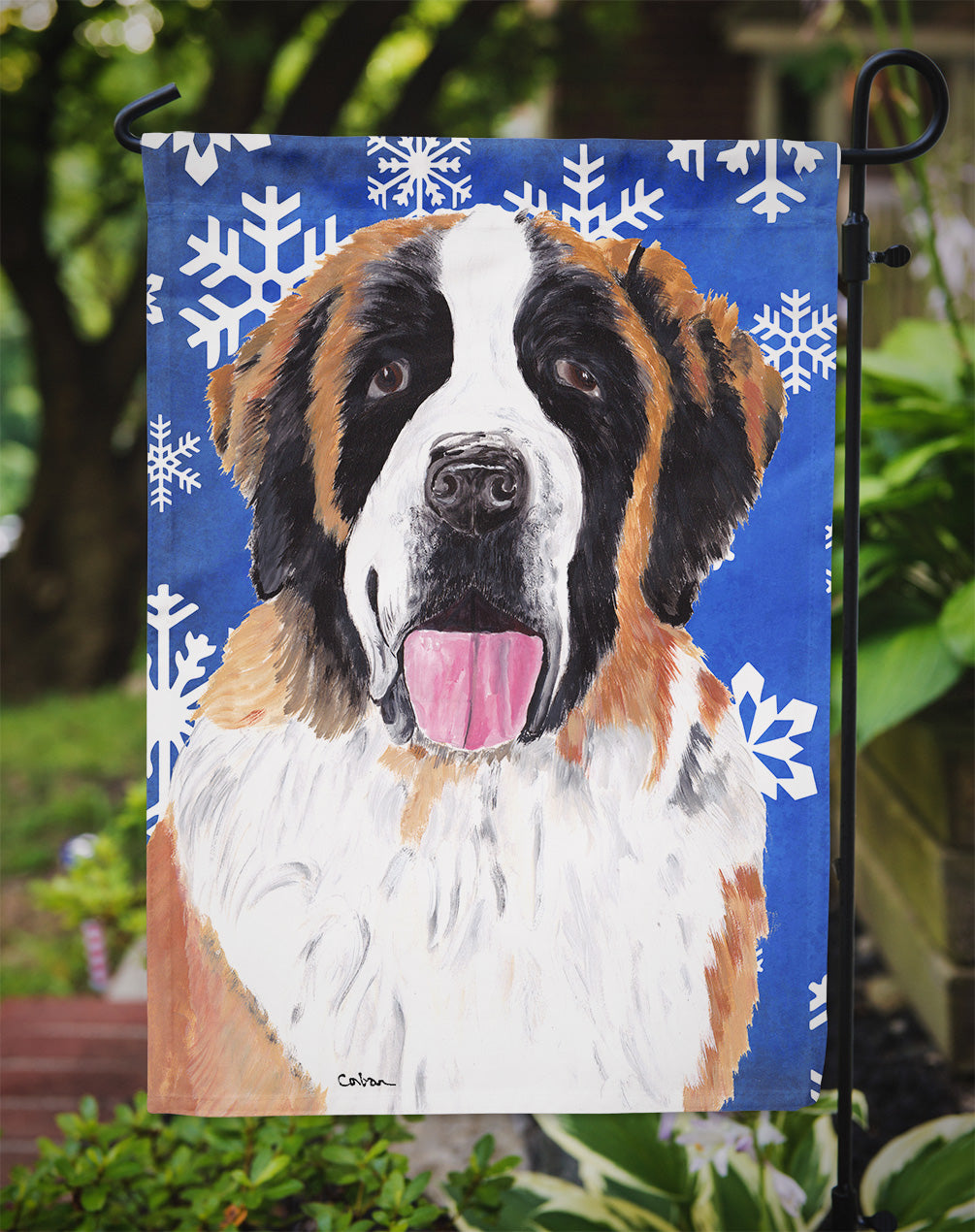 Saint Bernard Winter Snowflakes Holiday Garden Flag Mailbox Decorative Yard Banner Outside Patio Artwork for Flower Beds, Garden Size, Multicolor