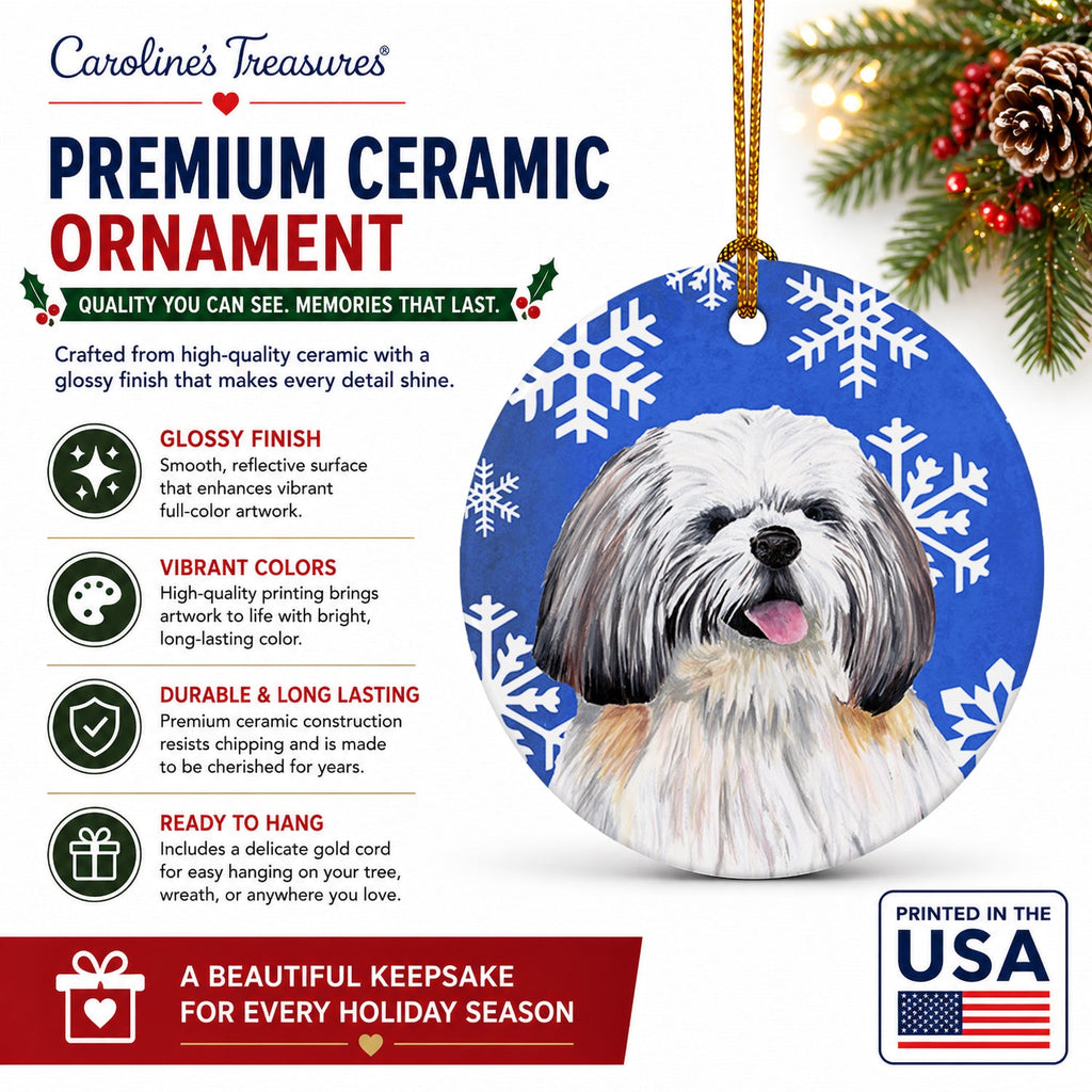 Shih Tzu Winter Snowflakes Holiday Ceramic Ornament Christmas Tree Hanging Decorations for Home Christmas Holiday, Party, Gift, 3 in, Multicolor