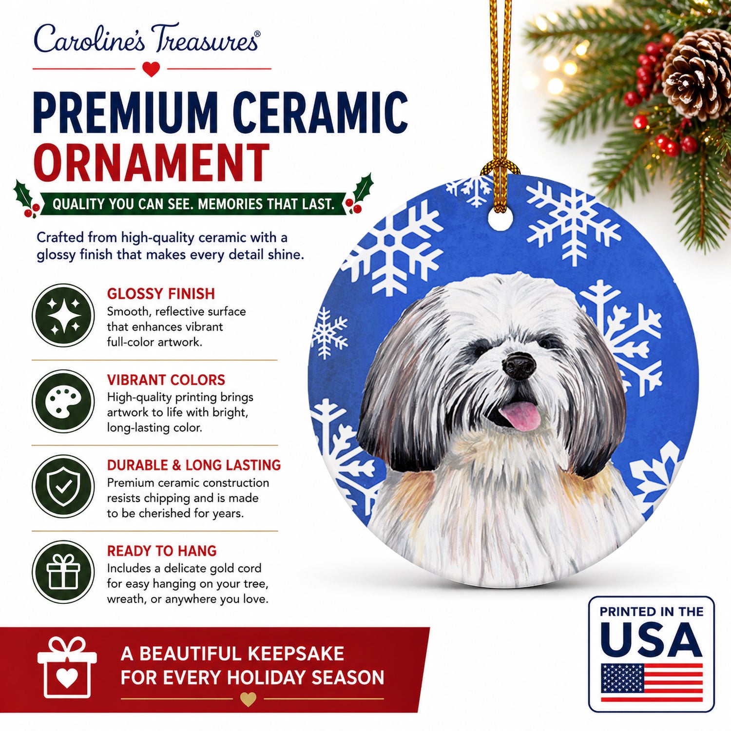 Shih Tzu Winter Snowflakes Holiday Ceramic Ornament Christmas Tree Hanging Decorations for Home Christmas Holiday, Party, Gift, 3 in, Multicolor