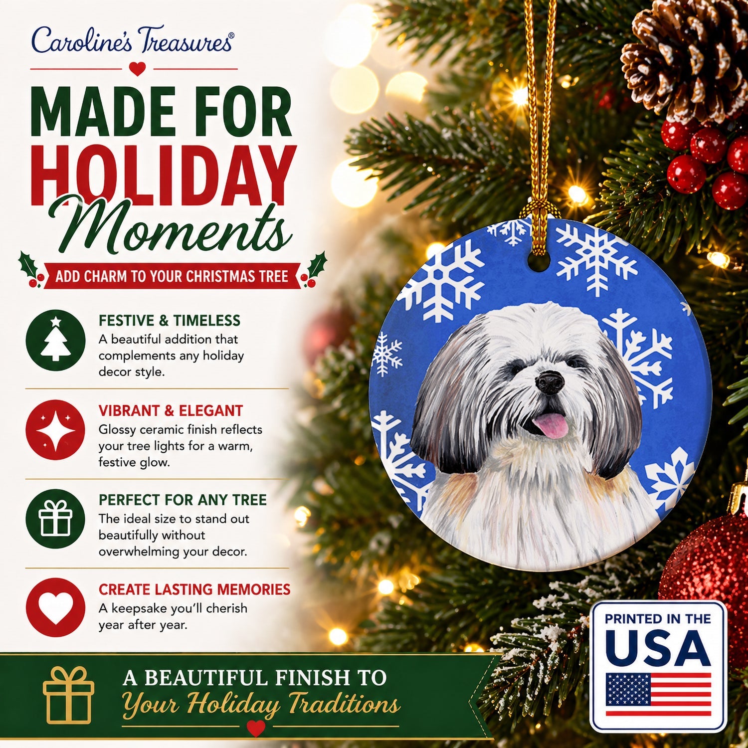Shih Tzu Winter Snowflakes Holiday Ceramic Ornament Christmas Tree Hanging Decorations for Home Christmas Holiday, Party, Gift, 3 in, Multicolor