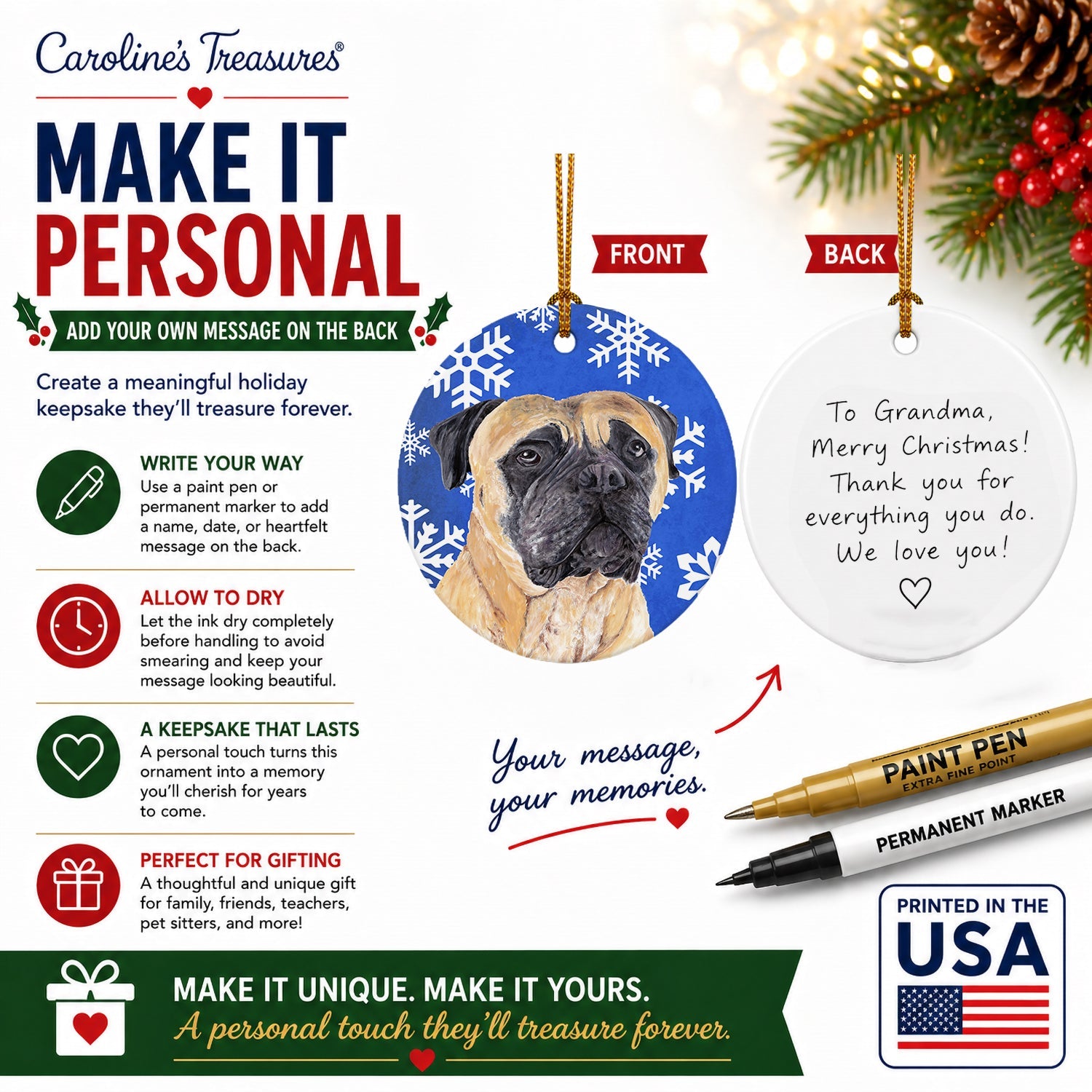 Mastiff Winter Snowflakes Holiday Ceramic Ornament Christmas Tree Hanging Decorations for Home Christmas Holiday, Party, Gift, 3 in, Multicolor