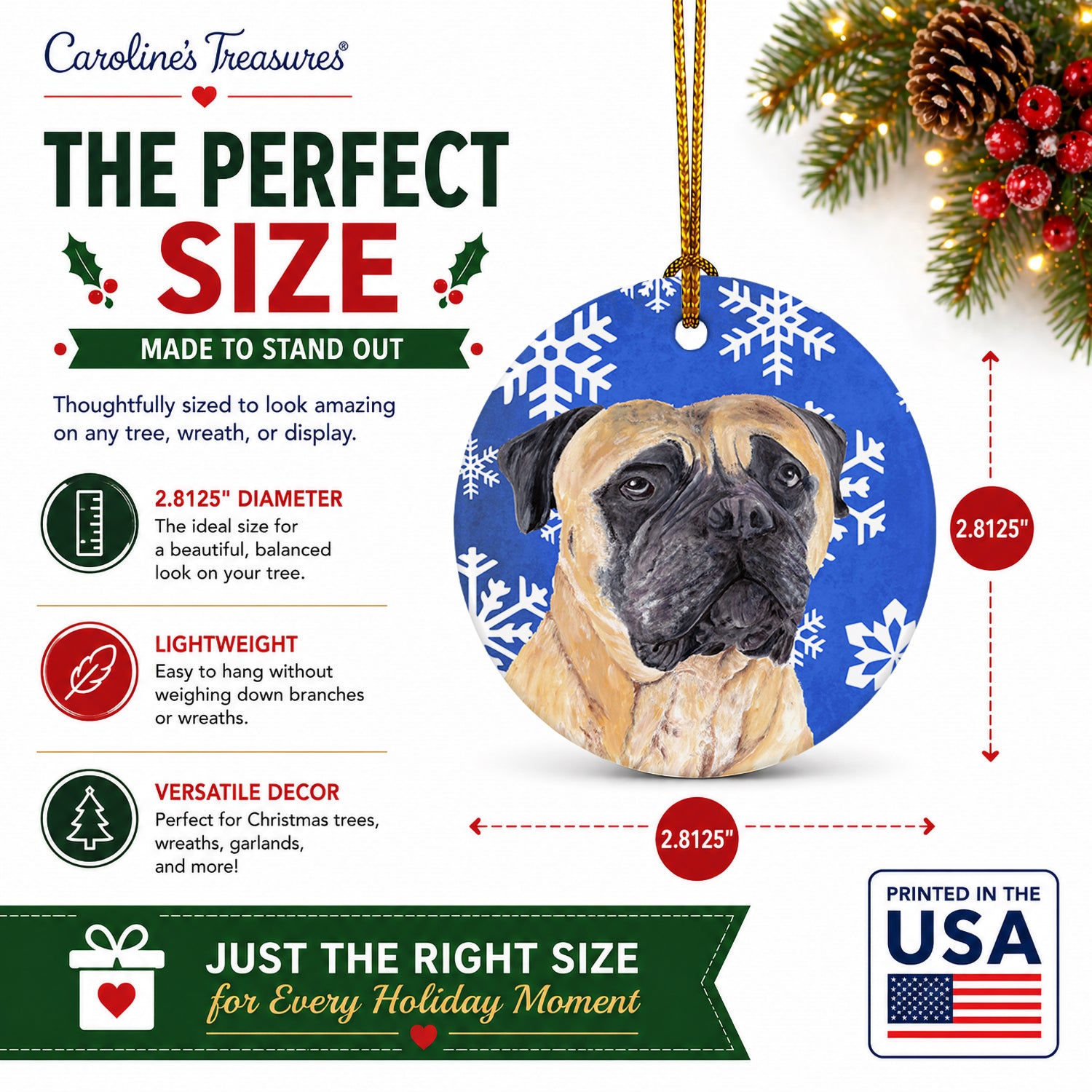 Mastiff Winter Snowflakes Holiday Ceramic Ornament Christmas Tree Hanging Decorations for Home Christmas Holiday, Party, Gift, 3 in, Multicolor