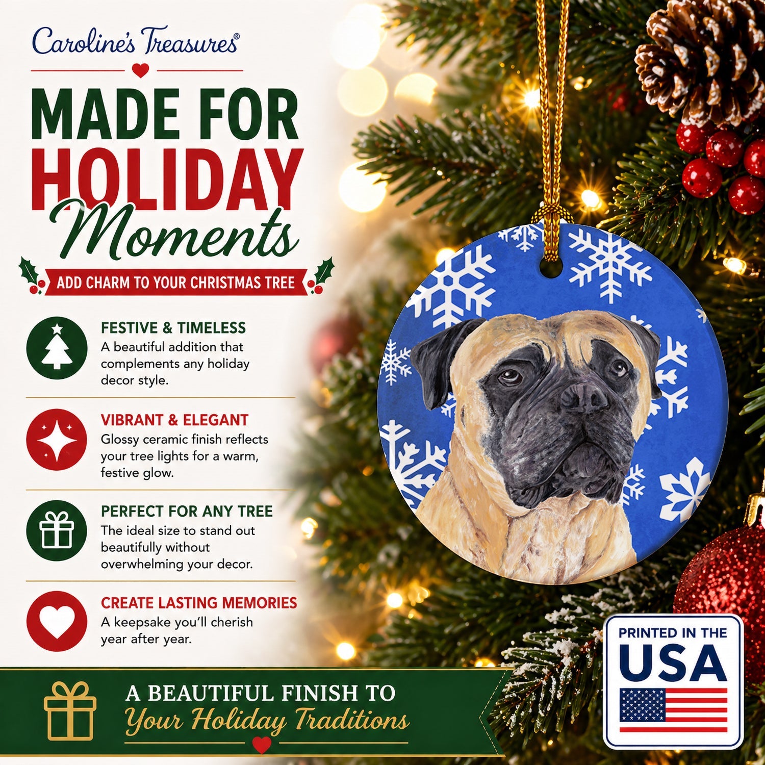 Mastiff Winter Snowflakes Holiday Ceramic Ornament Christmas Tree Hanging Decorations for Home Christmas Holiday, Party, Gift, 3 in, Multicolor
