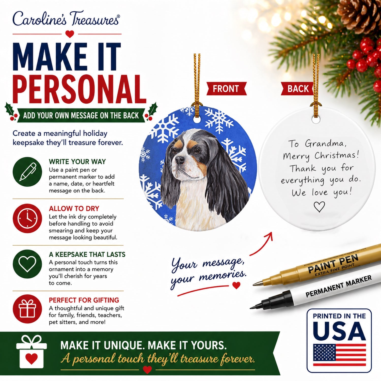 Cavalier Spaniel Winter Snowflakes Holiday Ceramic Ornament Christmas Tree Hanging Decorations for Home Christmas Holiday, Party, Gift, 3 in, Multicolor