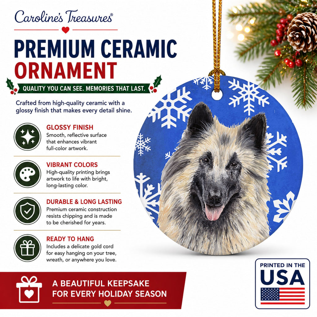 Belgian Tervuren Winter Snowflakes Holiday Ceramic Ornament Christmas Tree Hanging Decorations for Home Christmas Holiday, Party, Gift, 3 in, Multicolor