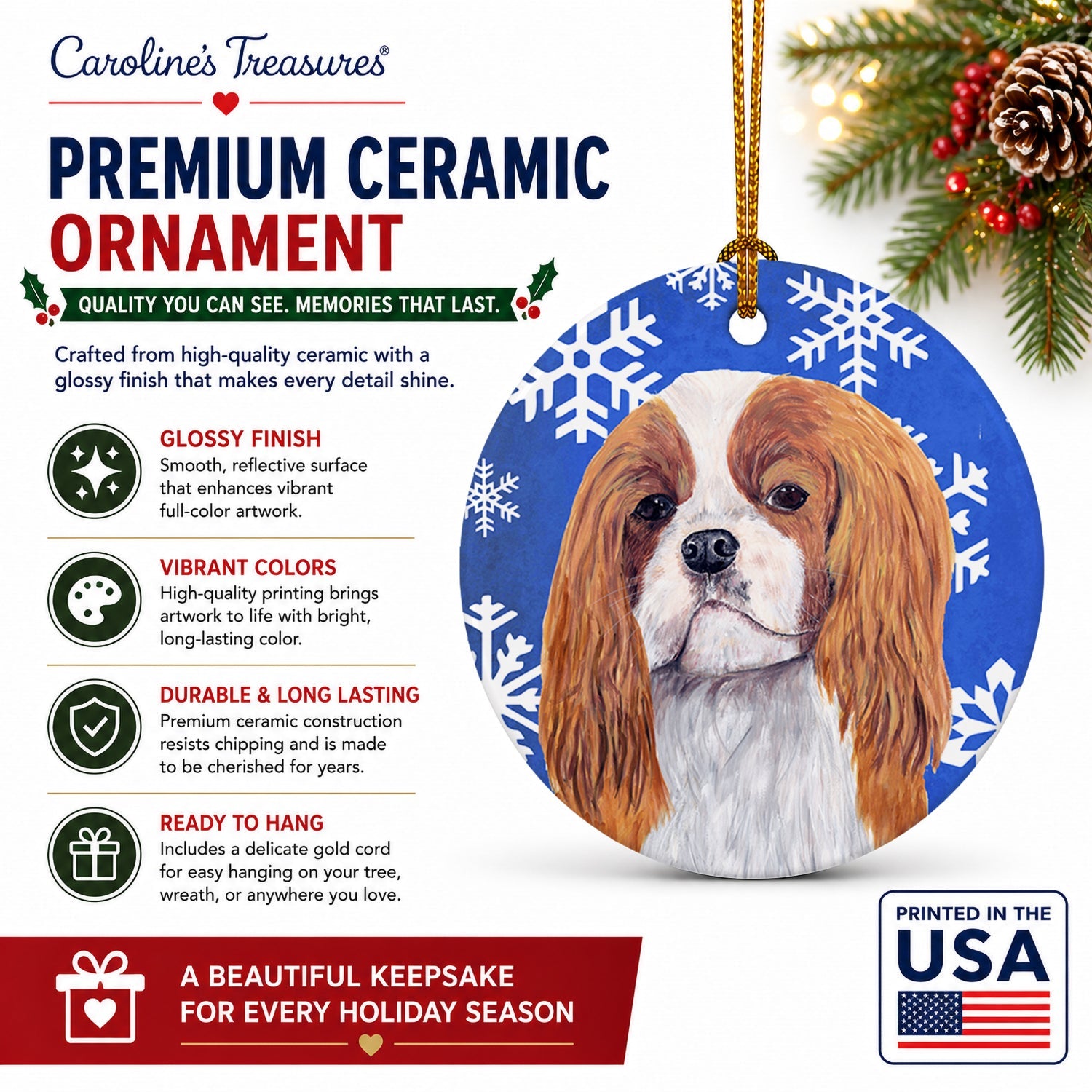 Cavalier Spaniel Winter Snowflakes Holiday Ceramic Ornament Christmas Tree Hanging Decorations for Home Christmas Holiday, Party, Gift, 3 in, Multicolor