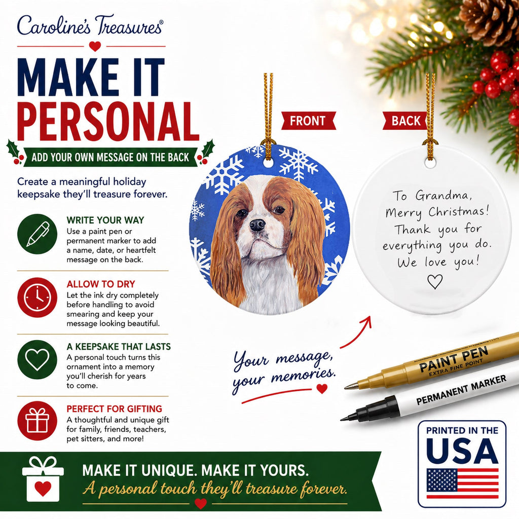 Cavalier Spaniel Winter Snowflakes Holiday Ceramic Ornament Christmas Tree Hanging Decorations for Home Christmas Holiday, Party, Gift, 3 in, Multicolor