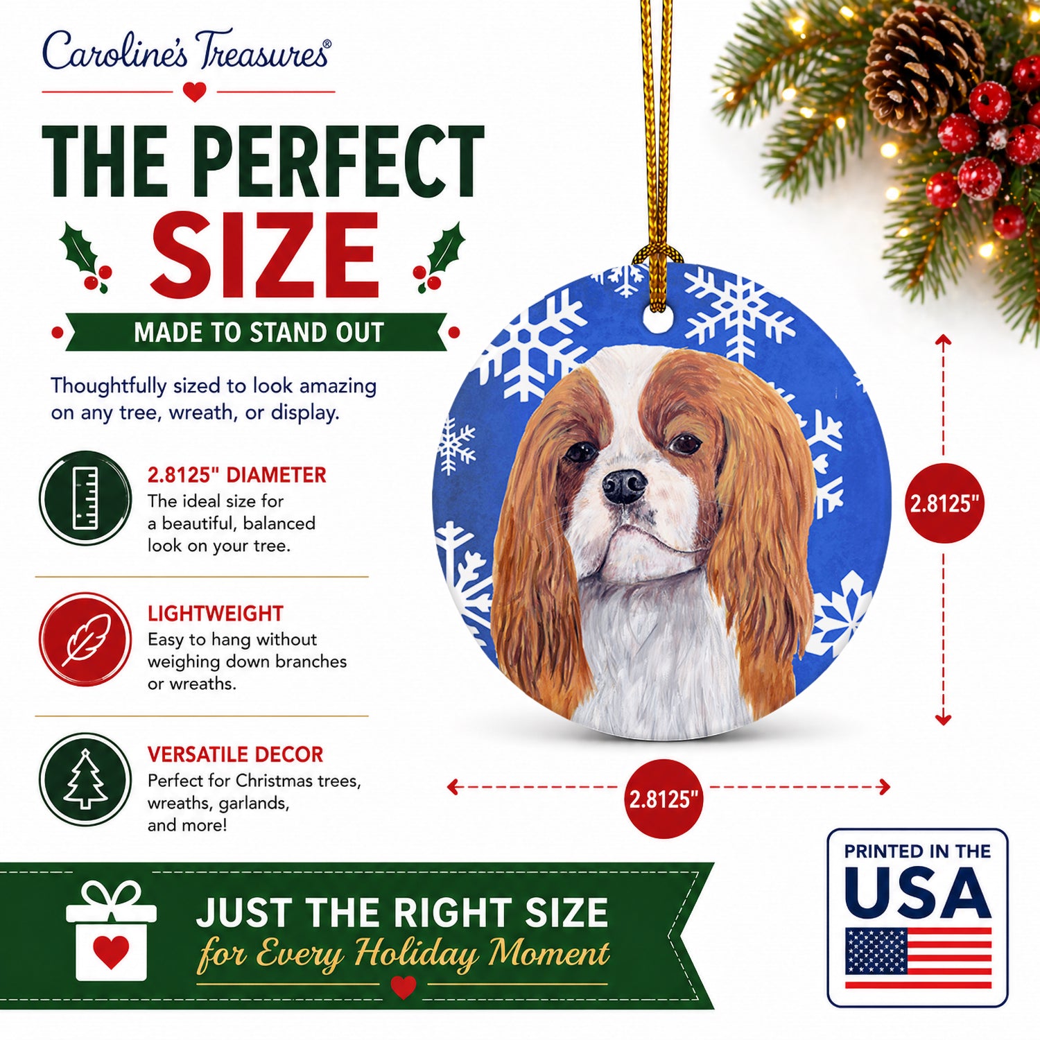 Cavalier Spaniel Winter Snowflakes Holiday Ceramic Ornament Christmas Tree Hanging Decorations for Home Christmas Holiday, Party, Gift, 3 in, Multicolor