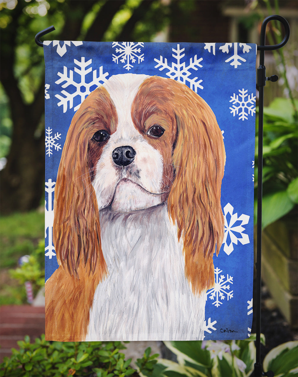 Cavalier Spaniel Winter Snowflakes Holiday Garden Flag Mailbox Decorative Yard Banner Outside Patio Artwork for Flower Beds, Garden Size, Multicolor
