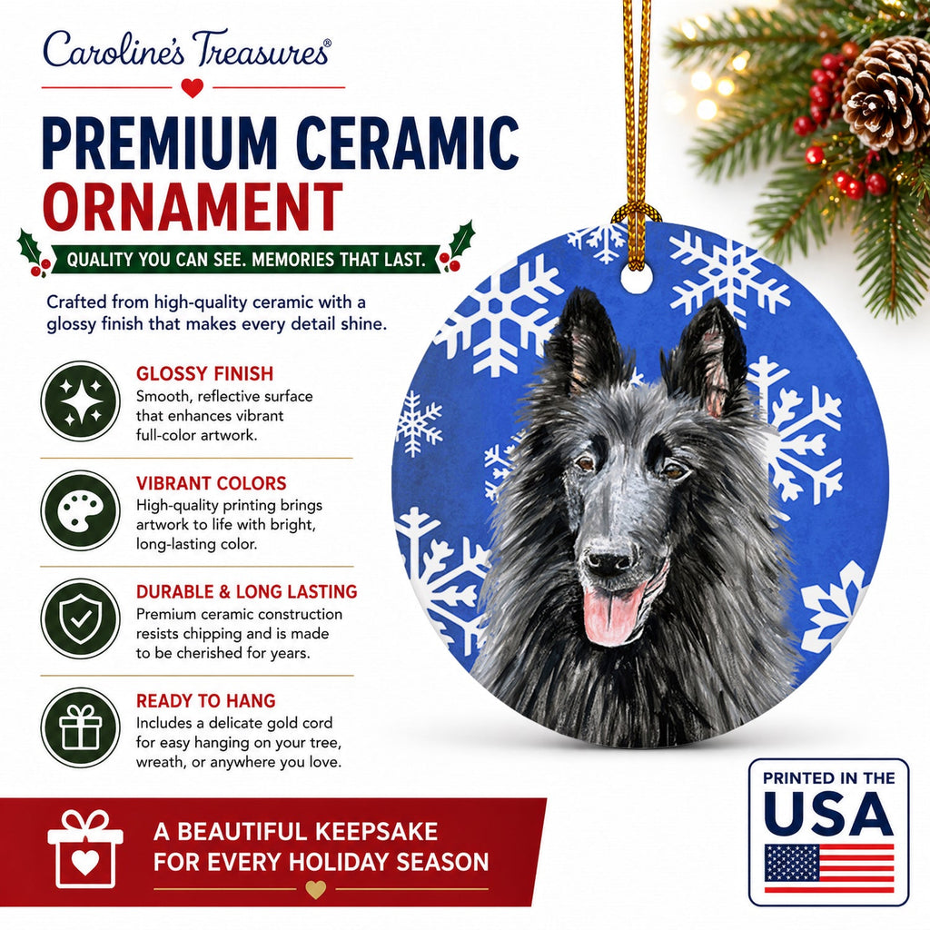 Belgian Sheepdog Winter Snowflakes Holiday Ceramic Ornament Christmas Tree Hanging Decorations for Home Christmas Holiday, Party, Gift, 3 in, Multicolor
