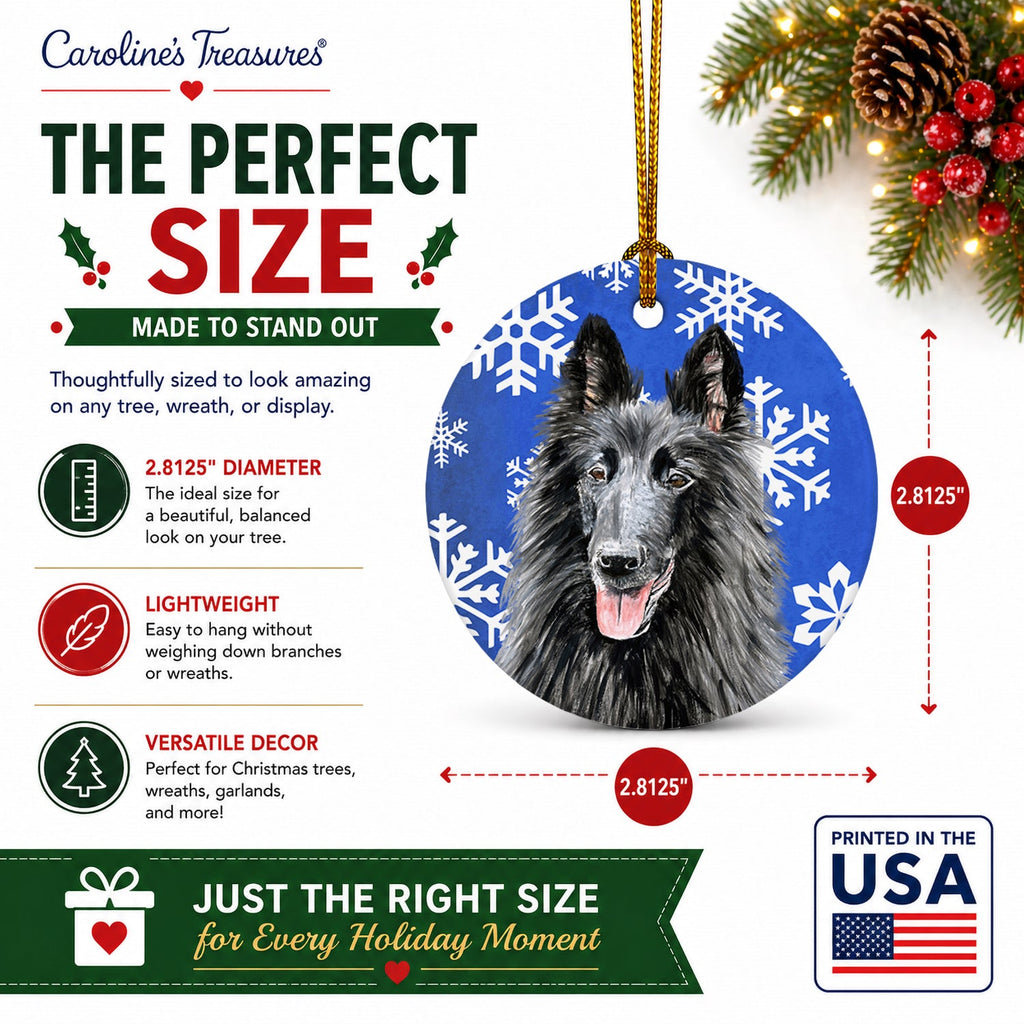 Belgian Sheepdog Winter Snowflakes Holiday Ceramic Ornament Christmas Tree Hanging Decorations for Home Christmas Holiday, Party, Gift, 3 in, Multicolor