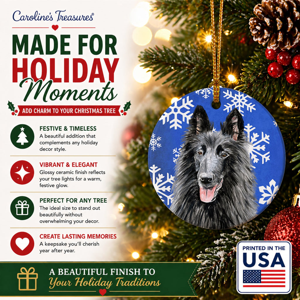 Belgian Sheepdog Winter Snowflakes Holiday Ceramic Ornament Christmas Tree Hanging Decorations for Home Christmas Holiday, Party, Gift, 3 in, Multicolor