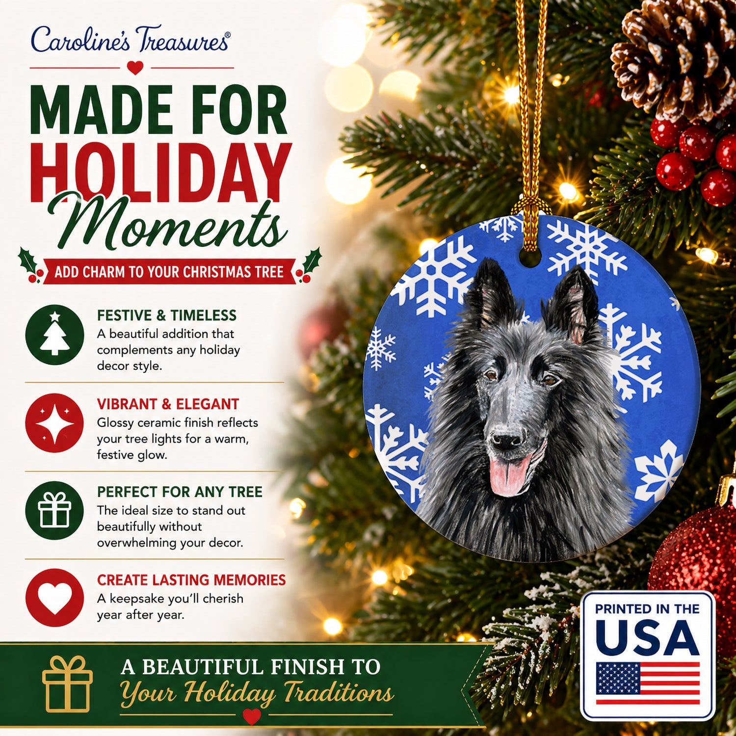 Belgian Sheepdog Winter Snowflakes Holiday Ceramic Ornament Christmas Tree Hanging Decorations for Home Christmas Holiday, Party, Gift, 3 in, Multicolor