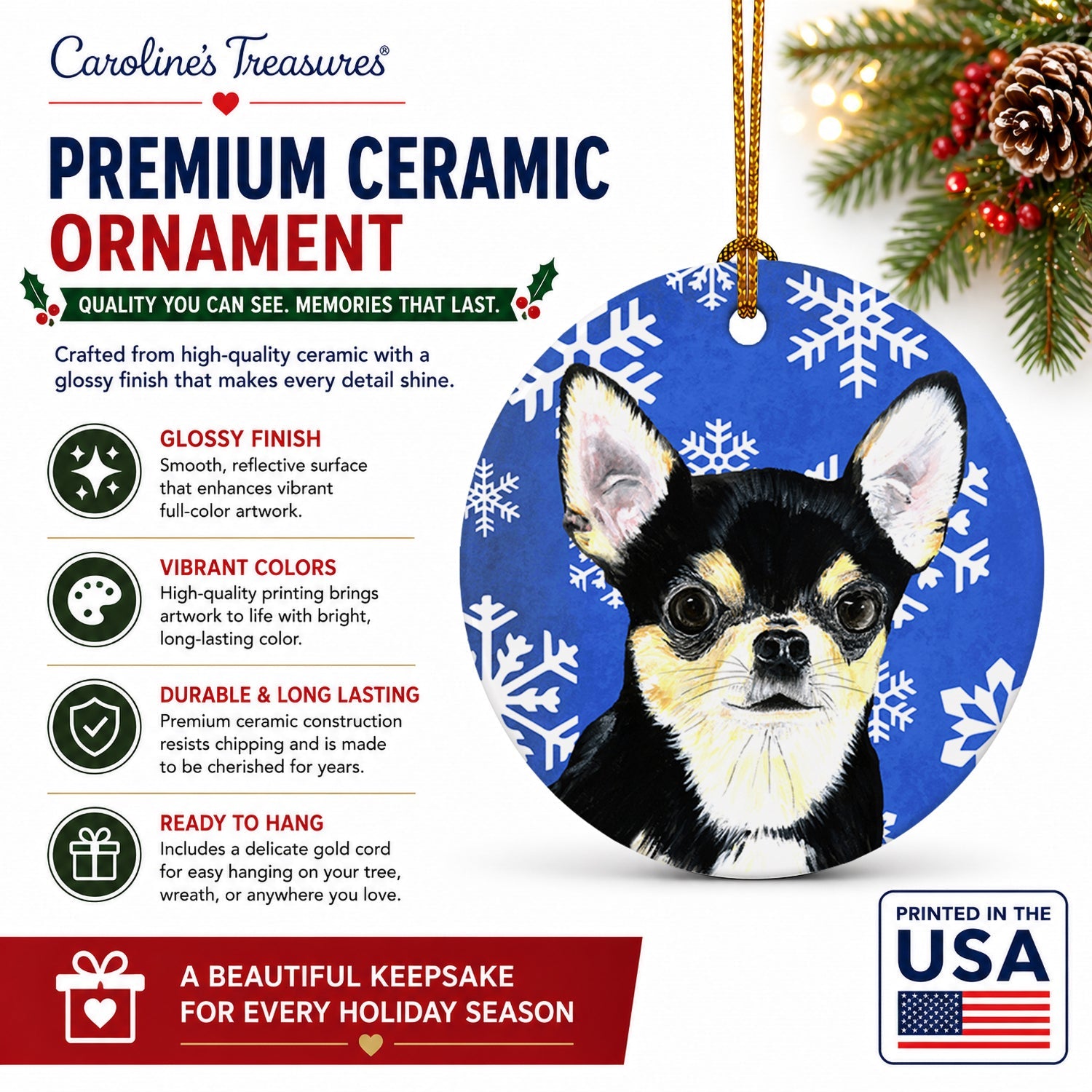 Chihuahua Winter Snowflakes Holiday Ceramic Ornament Christmas Tree Hanging Decorations for Home Christmas Holiday, Party, Gift, 3 in, Multicolor