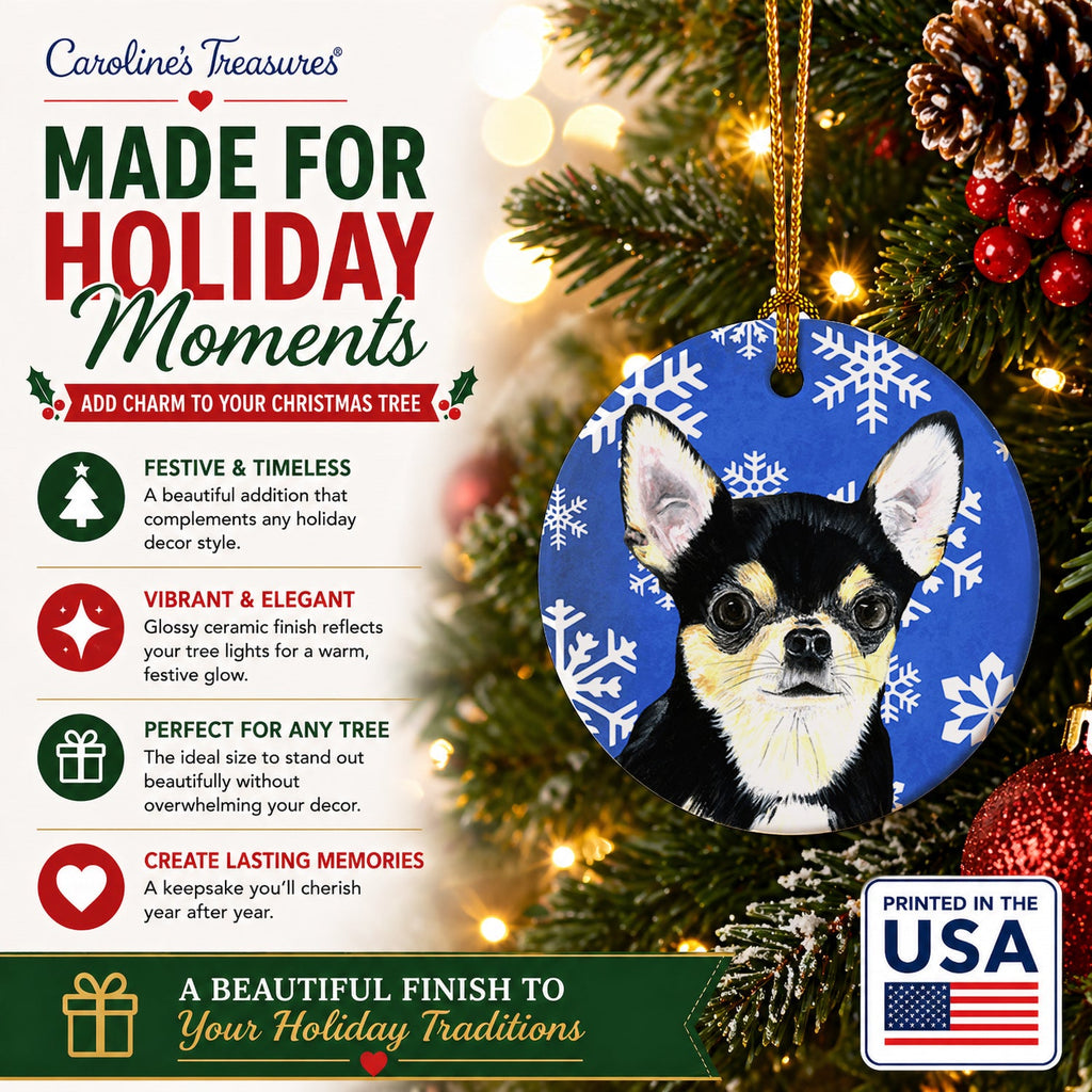 Chihuahua Winter Snowflakes Holiday Ceramic Ornament Christmas Tree Hanging Decorations for Home Christmas Holiday, Party, Gift, 3 in, Multicolor