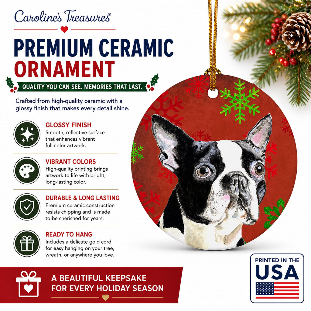 Boston Terrier Red Green Snowflakes Christmas Ceramic Ornament Christmas Tree Hanging Decorations for Home Christmas Holiday, Party, Gift, 3 in, Multicolor