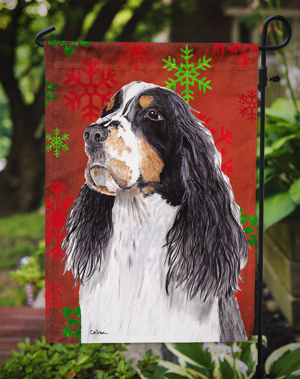 Springer Spaniel Red and Green Snowflakes Holiday Christmas Garden Flag Mailbox Decorative Yard Banner Outside Patio Artwork for Flower Beds, Garden Size, Multicolor