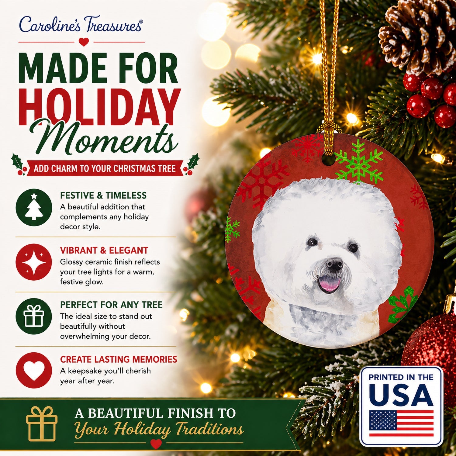 Bichon Frise Red and Green Snowflakes Holiday Christmas Ceramic Ornament Christmas Tree Hanging Decorations for Home Christmas Holiday, Party, Gift, 3 in, Multicolor