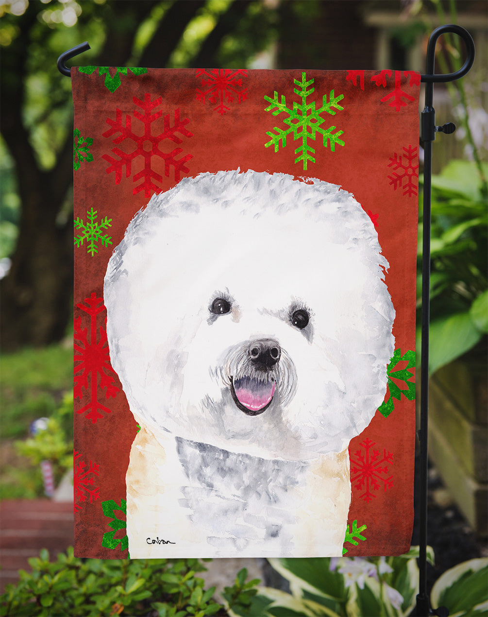 Bichon Frise Red and Green Snowflakes Holiday Christmas Garden Flag Mailbox Decorative Yard Banner Outside Patio Artwork for Flower Beds, Garden Size, Multicolor