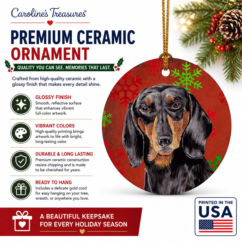 Dachshund Red and Green Snowflakes Holiday Christmas Ceramic Ornament Christmas Tree Hanging Decorations for Home Christmas Holiday, Party, Gift, 3 in, Multicolor