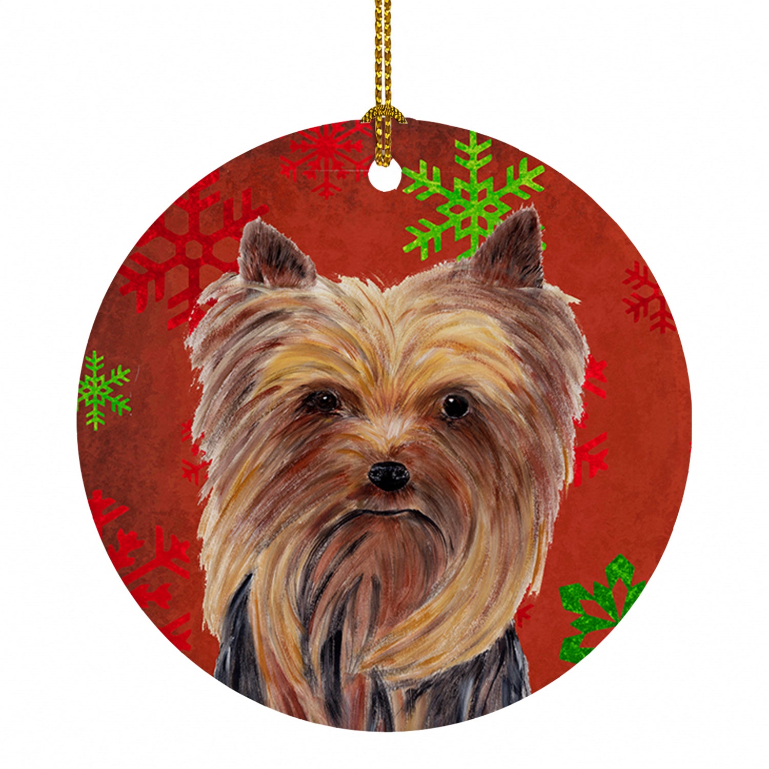 Yorkie Red and Green Snowflakes Holiday Christmas Ceramic Ornament Christmas Tree Hanging Decorations for Home Christmas Holiday, Party, Gift, 3 in, Multicolor