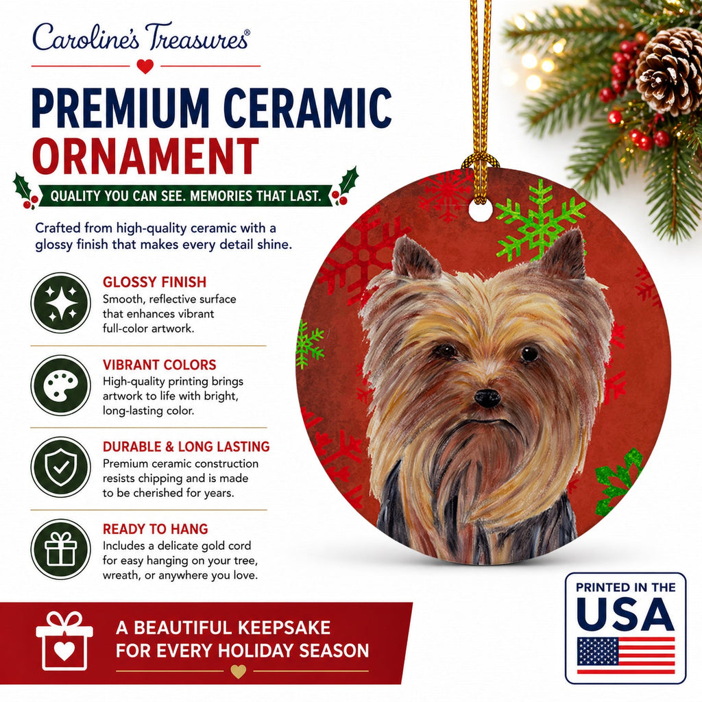 Yorkie Red and Green Snowflakes Holiday Christmas Ceramic Ornament Christmas Tree Hanging Decorations for Home Christmas Holiday, Party, Gift, 3 in, Multicolor