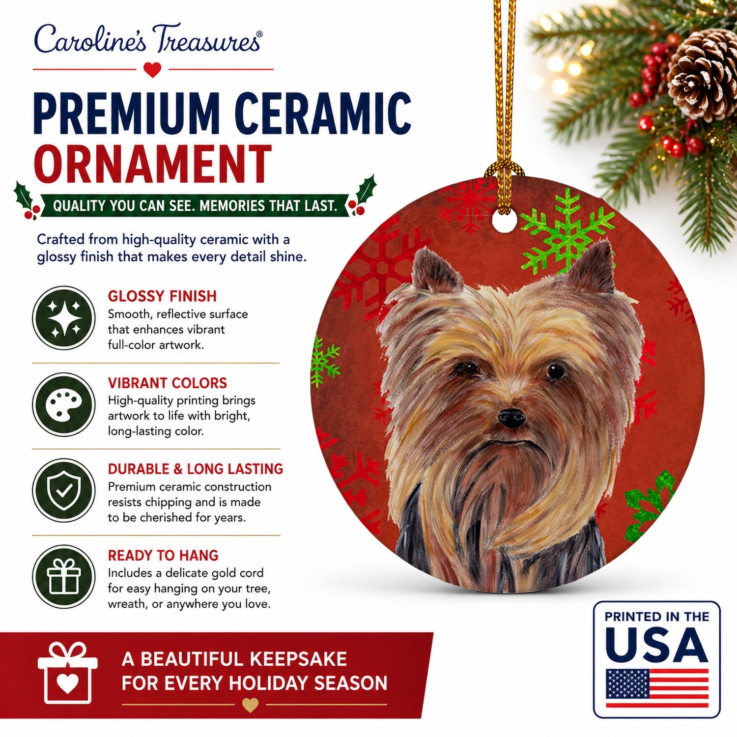 Yorkie Red and Green Snowflakes Holiday Christmas Ceramic Ornament Christmas Tree Hanging Decorations for Home Christmas Holiday, Party, Gift, 3 in, Multicolor