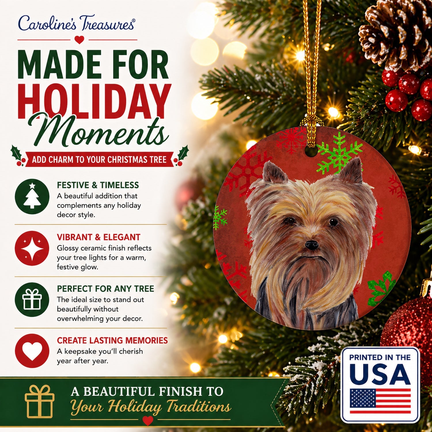 Yorkie Red and Green Snowflakes Holiday Christmas Ceramic Ornament Christmas Tree Hanging Decorations for Home Christmas Holiday, Party, Gift, 3 in, Multicolor
