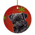 Pug Red and Green Snowflakes Holiday Christmas Ceramic Ornament Christmas Tree Hanging Decorations for Home Christmas Holiday, Party, Gift, 3 in, Multicolor