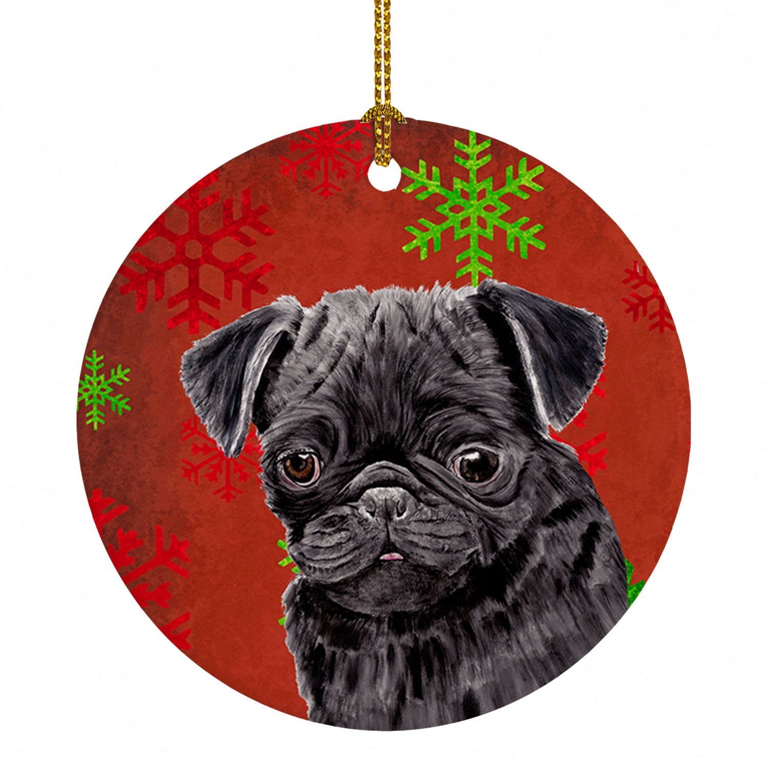 Pug Red and Green Snowflakes Holiday Christmas Ceramic Ornament Christmas Tree Hanging Decorations for Home Christmas Holiday, Party, Gift, 3 in, Multicolor