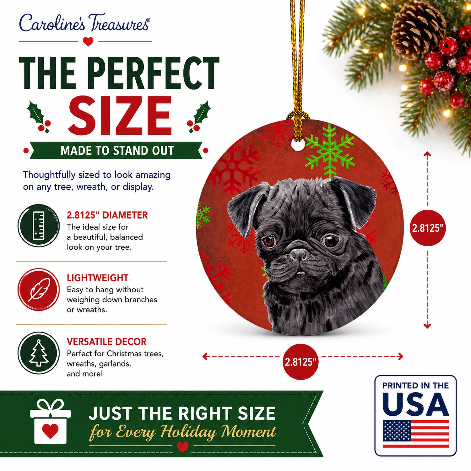 Pug Red and Green Snowflakes Holiday Christmas Ceramic Ornament Christmas Tree Hanging Decorations for Home Christmas Holiday, Party, Gift, 3 in, Multicolor