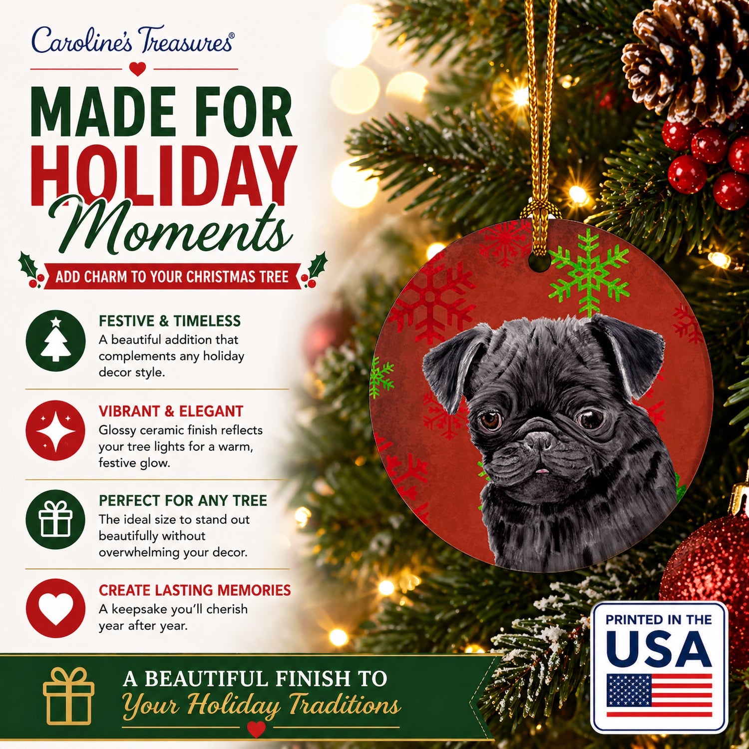 Pug Red and Green Snowflakes Holiday Christmas Ceramic Ornament Christmas Tree Hanging Decorations for Home Christmas Holiday, Party, Gift, 3 in, Multicolor