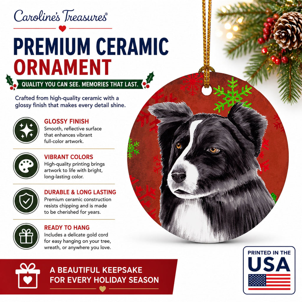 Border Collie Red and Green Snowflakes Holiday Christmas Ceramic Ornament Christmas Tree Hanging Decorations for Home Christmas Holiday, Party, Gift, 3 in, Multicolor