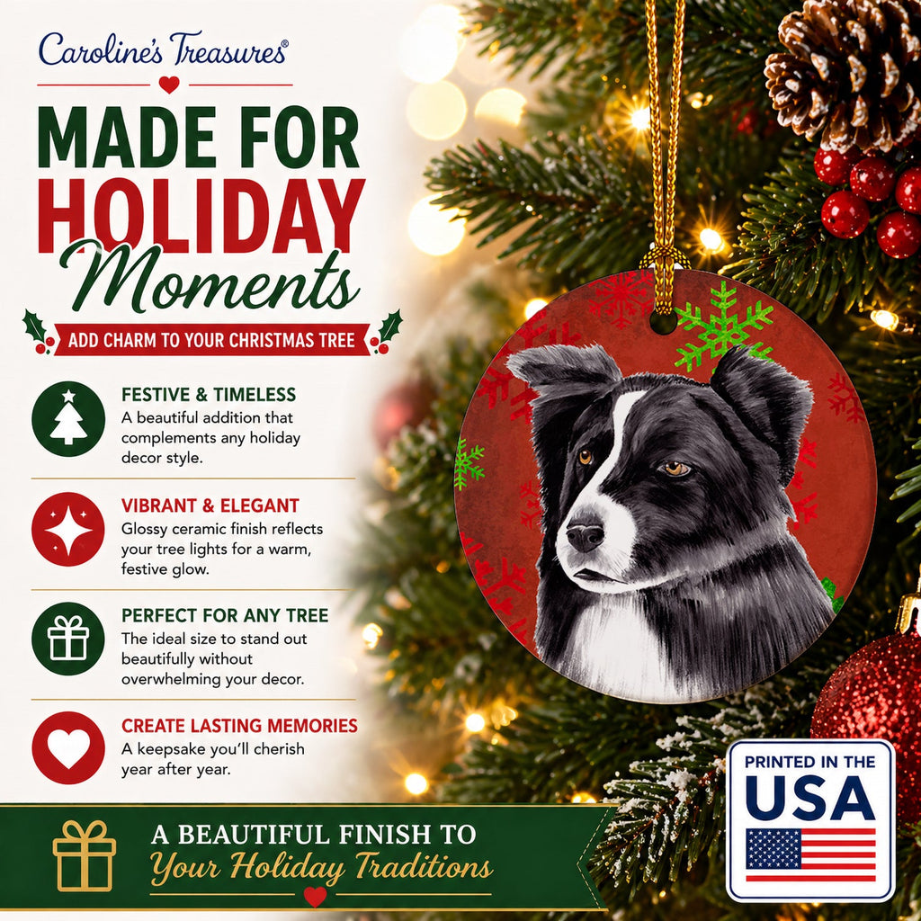 Border Collie Red and Green Snowflakes Holiday Christmas Ceramic Ornament Christmas Tree Hanging Decorations for Home Christmas Holiday, Party, Gift, 3 in, Multicolor