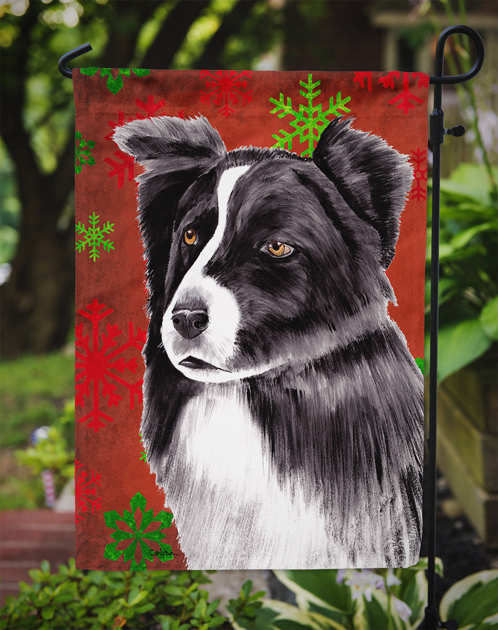 Border Collie Red and Green Snowflakes Holiday Christmas Garden Flag Mailbox Decorative Yard Banner Outside Patio Artwork for Flower Beds, Garden Size, Multicolor