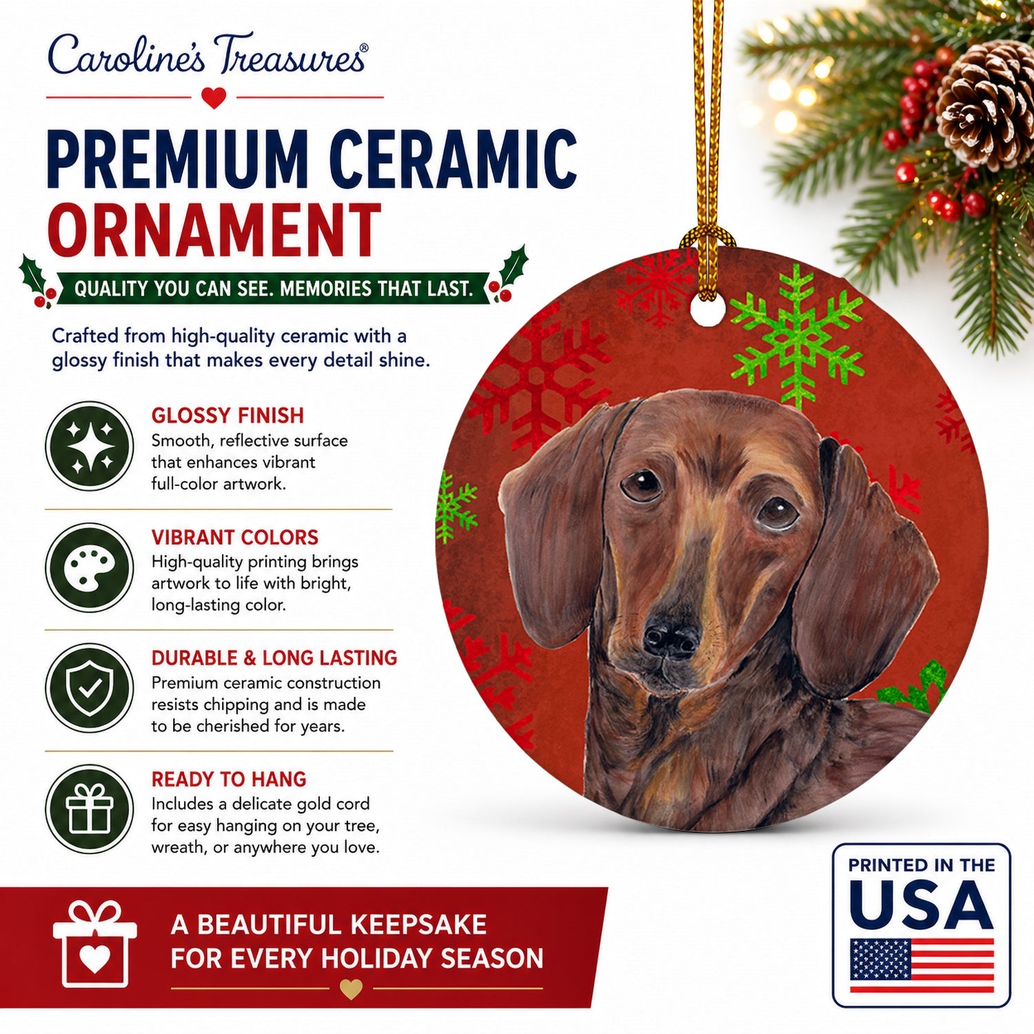 Dachshund Red and Green Snowflakes Holiday Christmas Ceramic Ornament Christmas Tree Hanging Decorations for Home Christmas Holiday, Party, Gift, 3 in, Multicolor